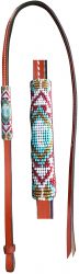 Showman 4ft Leather over & under whip with teal, red, and gold cross designed beaded overlay